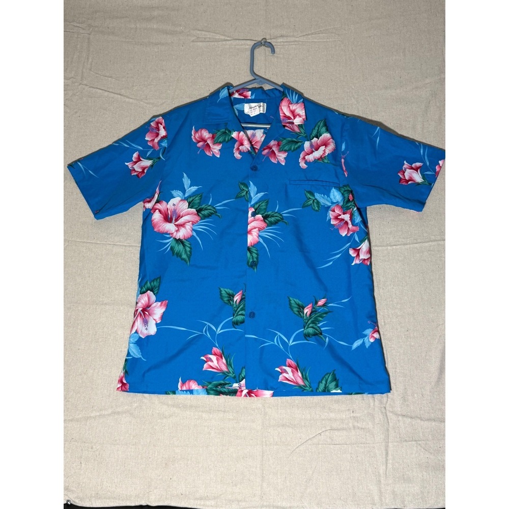 Helenas Hawaii Vintage Mens M Blue Pink Hibiscus Floral Aloha Shirt Style 102